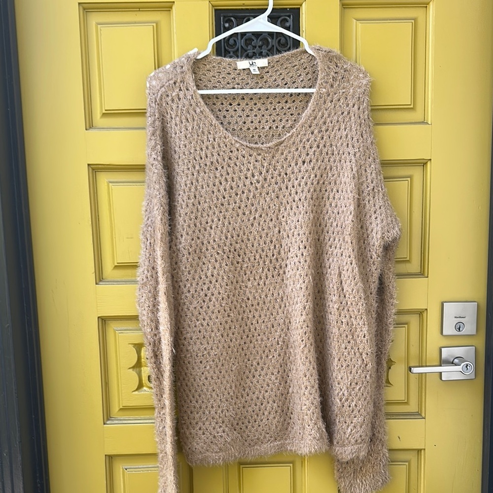 Ya Los Angeles Tan Crew Neck Sweater Lightweight Knit
